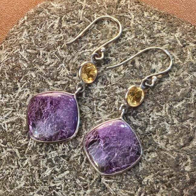 Sterling silver earrings with ¾" square Lepidolite cabochons and faceted Citrine top stones, 2" long including hoops.