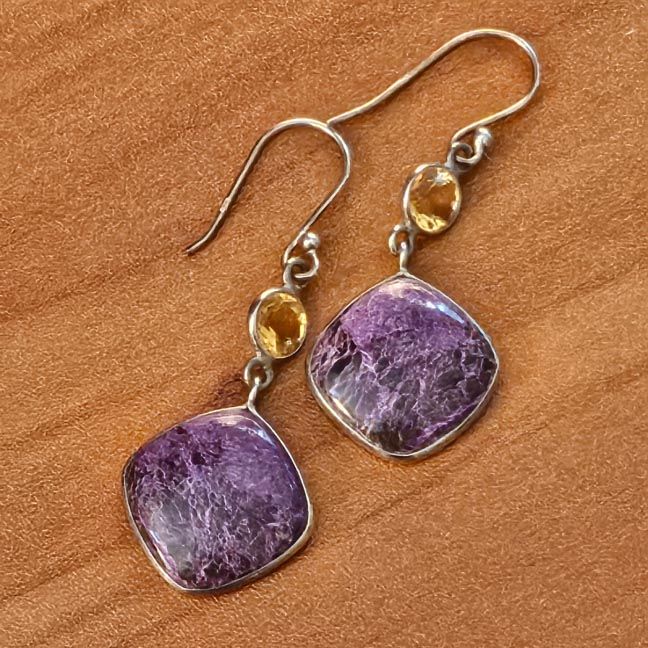 Sterling silver earrings with ¾" square Lepidolite cabochons and faceted Citrine top stones, 2" long including hoops.