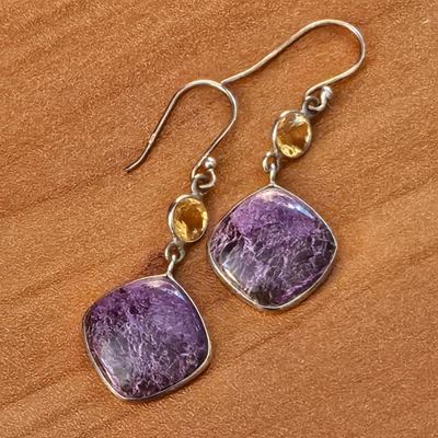 Sterling silver earrings with ¾" square Lepidolite cabochons and faceted Citrine top stones, 2" long including hoops.