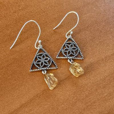 Sterling silver earrings with triangle mandala design and small raw Citrine pieces, 1½" long including hoops.