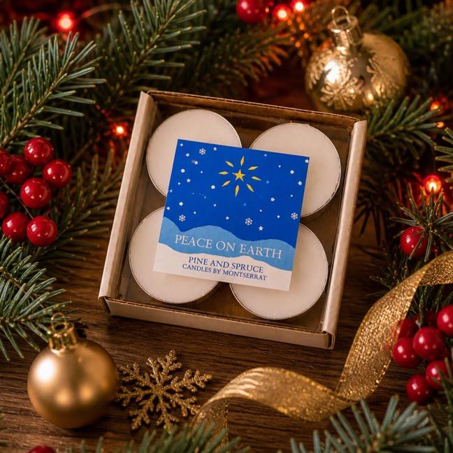 Peace on Earth soy tea lights with Pine and Spruce oils, glowing softly among winter greenery.