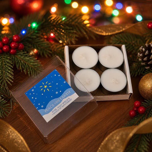 Peace on Earth soy tea lights with Pine and Spruce oils, glowing softly among winter greenery.
