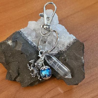 Silver dragon charm with aqua aura bead and clear quartz point