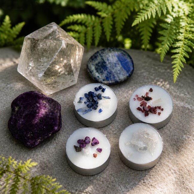 Four unscented soy tea light candles topped with gemstone chips displayed on natural stone