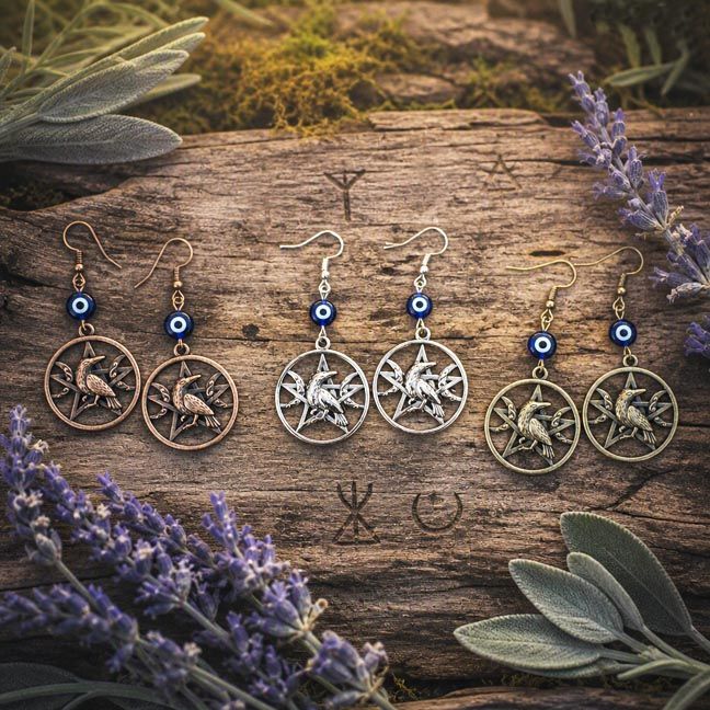 Crow Guardian Totem Earrings with blue Evil Eye bead, crow and pentagram charm, shown in antique copper, bronze &amp; gunmetal
