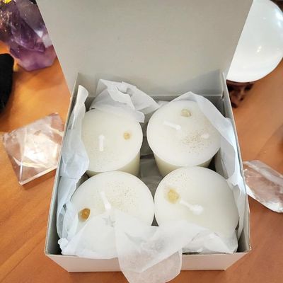 Clearing Negative Energy votive set with natural wax candles and Citrine gemstone chips
