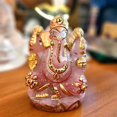 Vintage Rose Quartz Ganesh – Master‑Carved, Gold‑Accented Sacred Sculpture