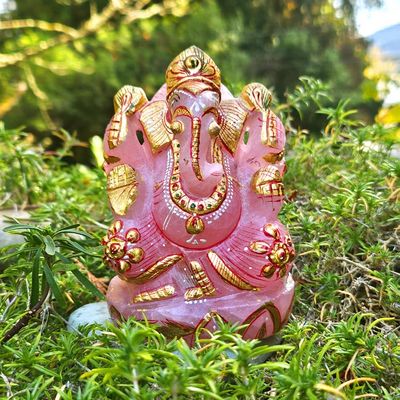 Vintage Rose Quartz Ganesh – Master‑Carved, Gold‑Accented Sacred Sculpture