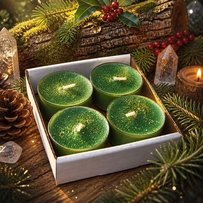 Emerald Yule tea lights in organic soy wax with cinnamon &amp; mint, glowing in a festive forest setting.