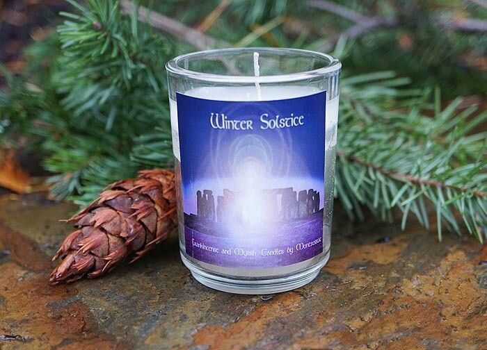 Natural white Winter Solstice jar candle in organic soy wax, scented with frankincense &amp; myrrh in a votive glass.