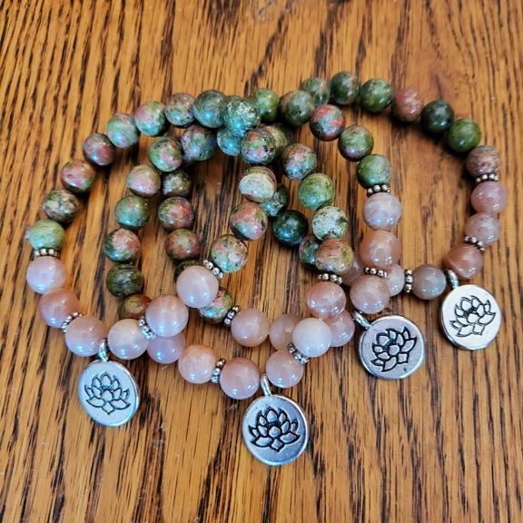 Unakite &amp; Sunstone 8mm bracelets with lotus charm.