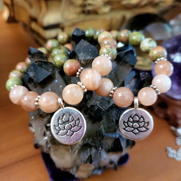 Unakite &amp; Sunstone 8mm bracelets with lotus charm.