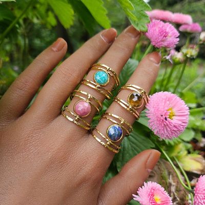 Gemstone Ring • Adjustable Faceted Stone Ring • Rhodonite, Amazonite, Lapis &amp; Tiger Eye