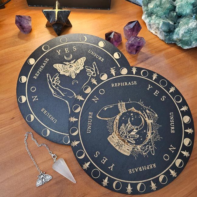 Wood Pendulum Grids — Engraved Moth, Crystal Ball &amp; Cauldron Designs