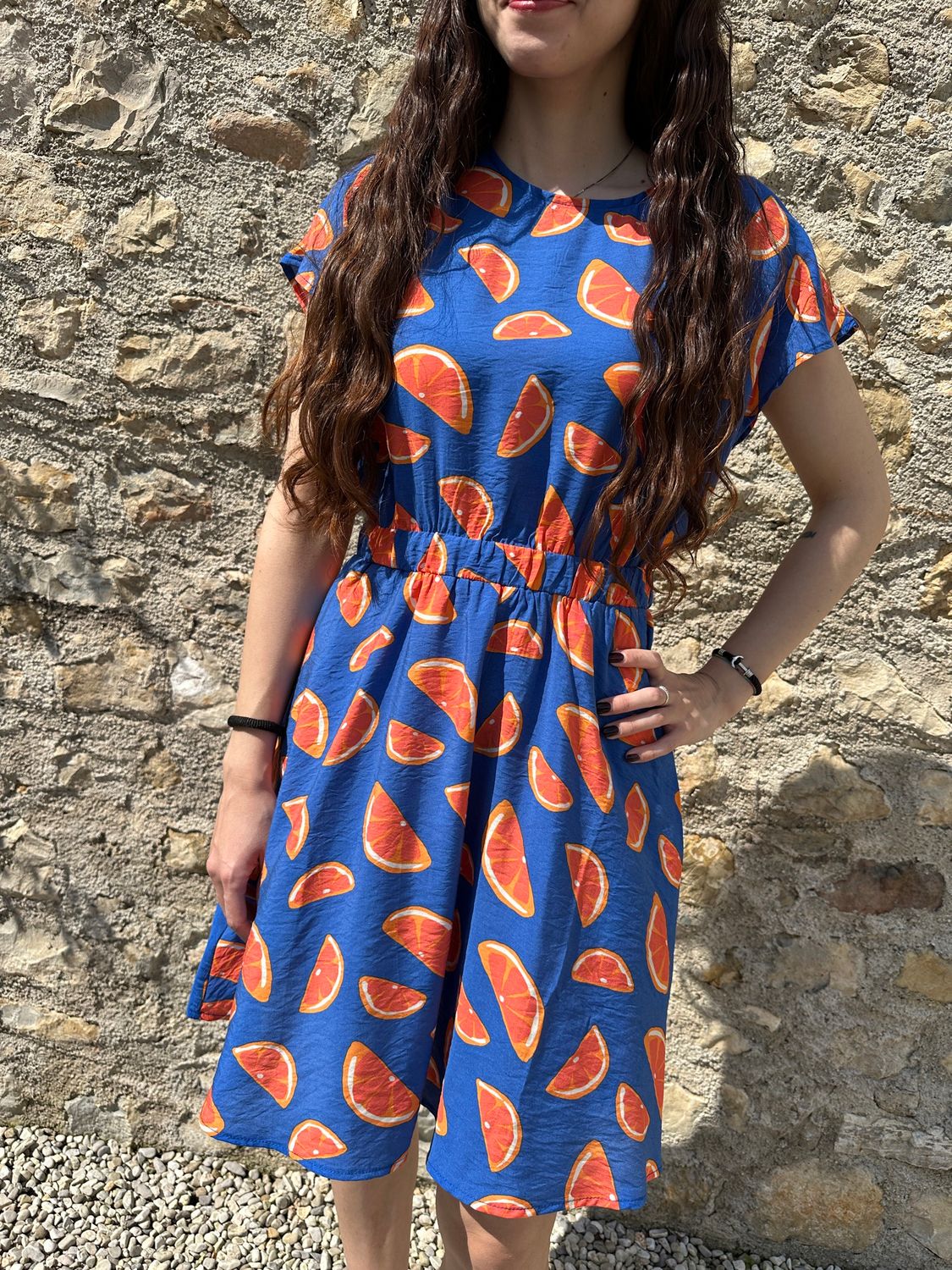ABITO CORTO BLU CON STAMPA ARANCIA
