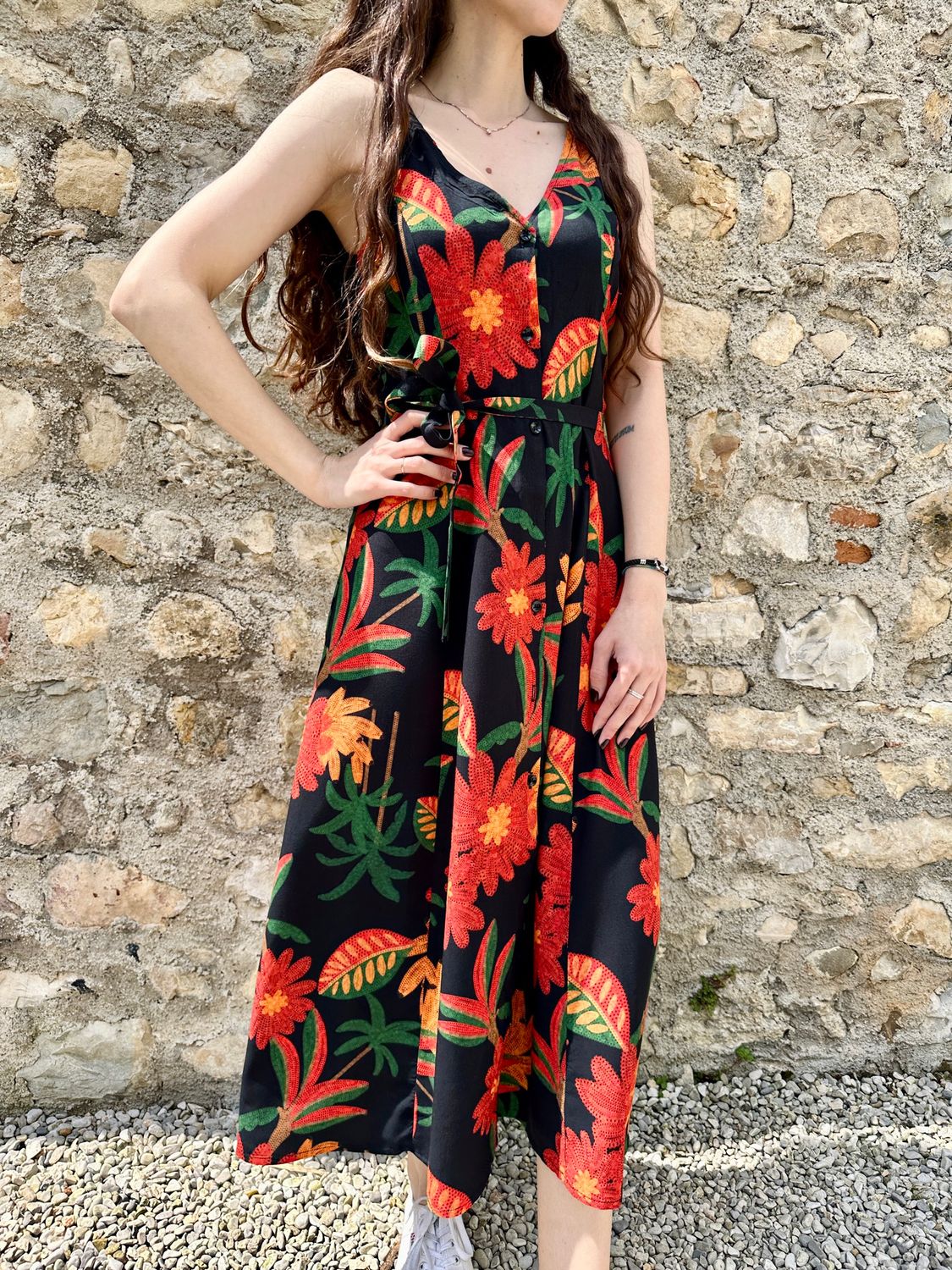 ABITO MIDI CON STAMPA FLOREALE ARANCIO ROSSO E VERDE