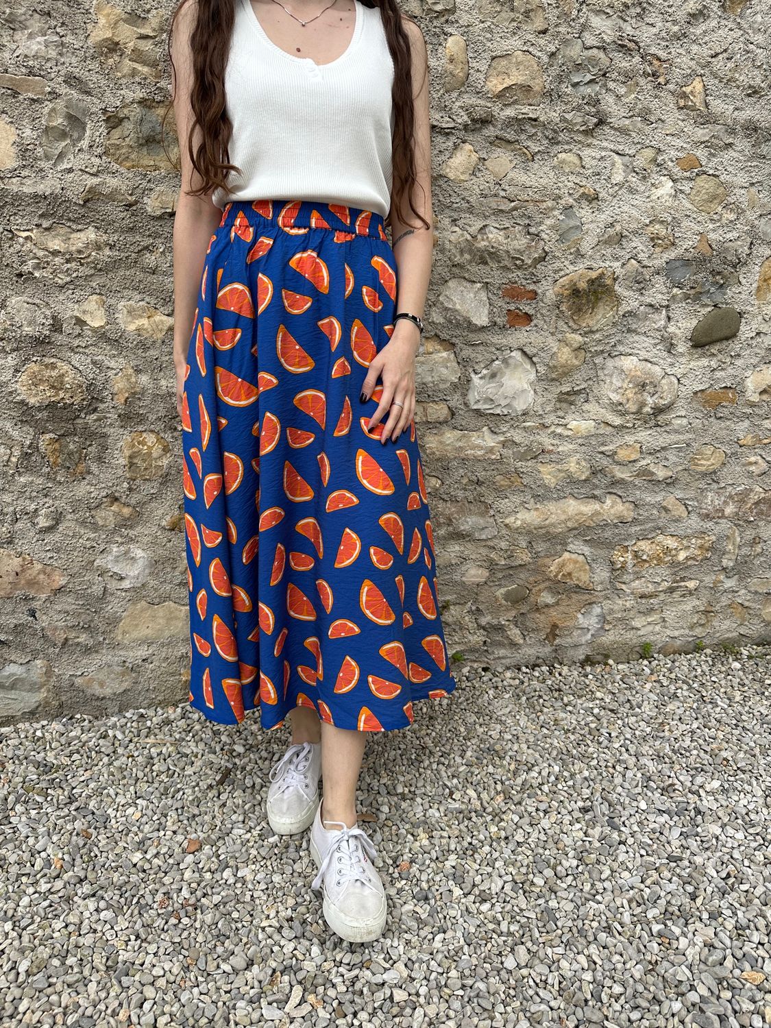 GONNA MIDI BLU CON STAMPA ARANCE