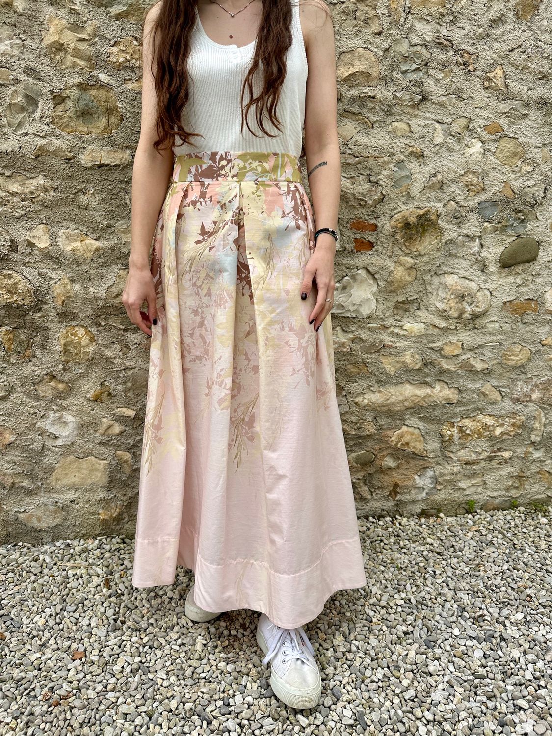 GONNA LUNGA ROSA CHIARO CON STAMPA FOGLIE