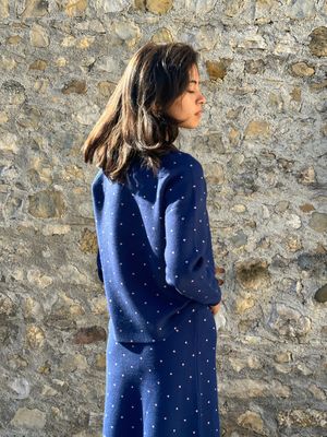 MAGLIONCINO BLU POIS ROSA