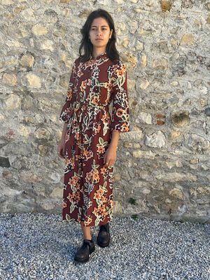 ABITO MIDI COCCIO A FIORI ARANCIONI E VERDI