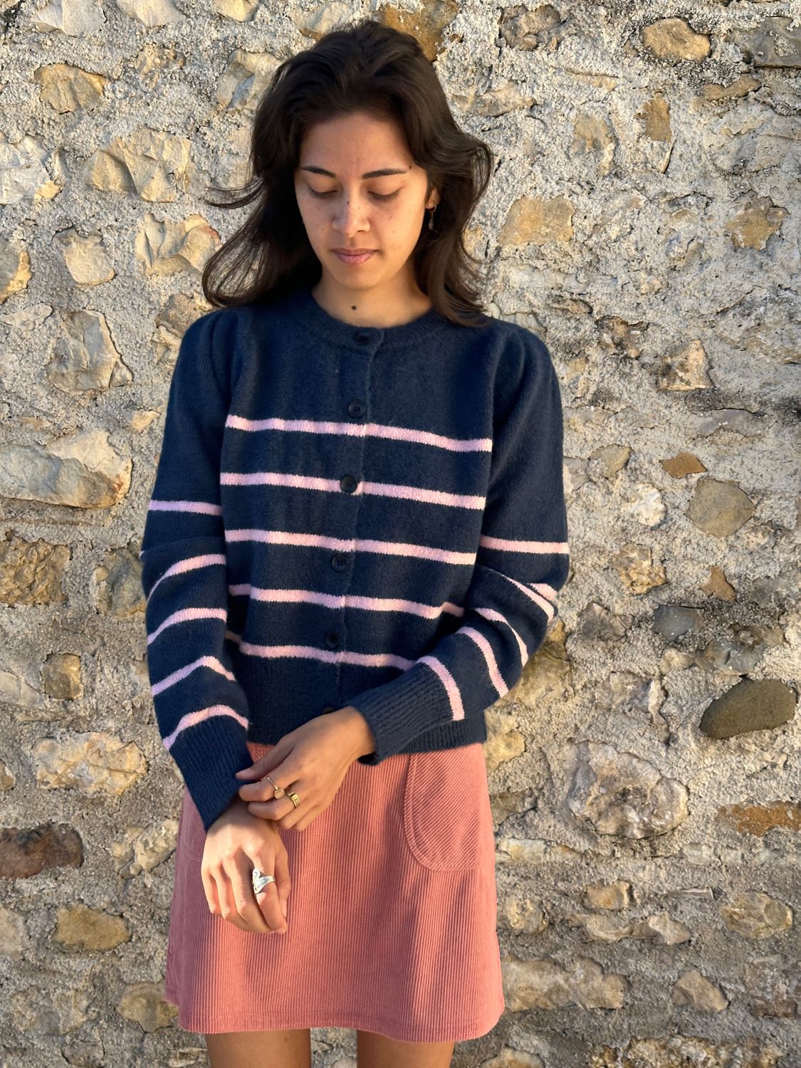 CARDIGAN BLU A RIGHE ROSA