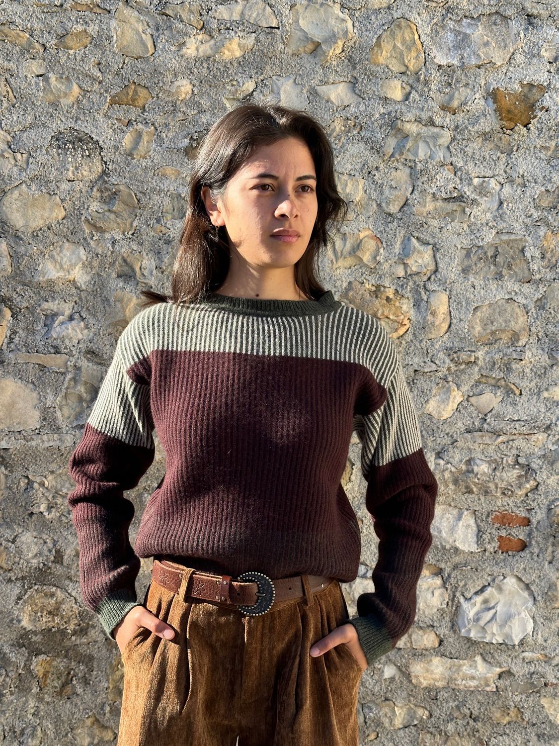 MAGLIONE IN CASHMERE MARRONE E VERDE