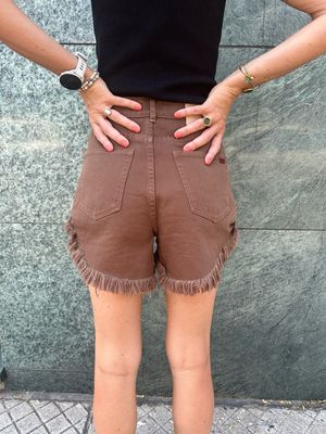 SHORTS MARRONI IN JEANS CON FRANGE