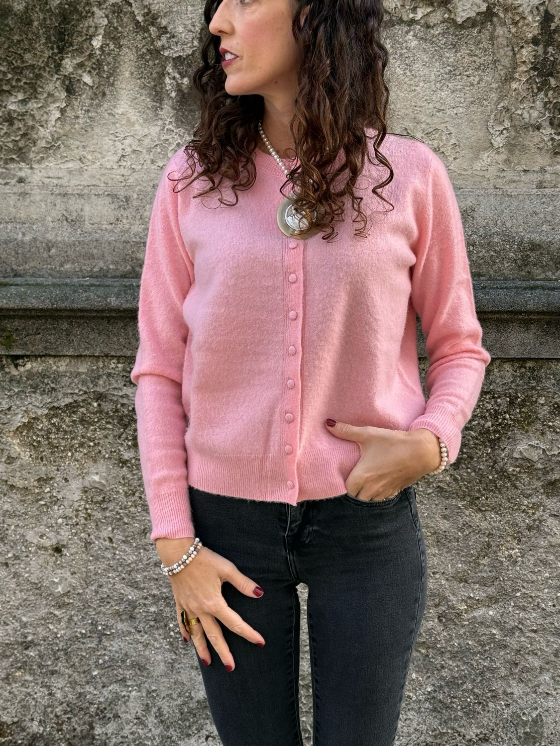 CARDIGAN ROSA CON BOTTONI RIFINITI