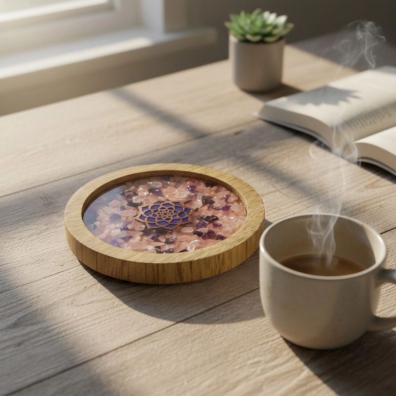 Seelenglanz Holzuntersetzer Lotus, Rosenquarz, Amethyst