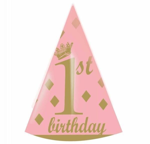 Καπέλα πάρτυ '1st Birthday' Ροζ & Χρυσό (6 τεμ)