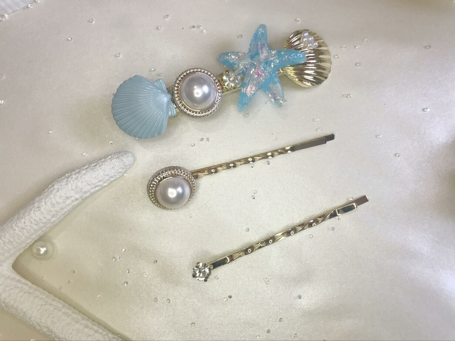 Σετ κλιπ μαλλιών αστερίας-πέρλα-κοχύλι