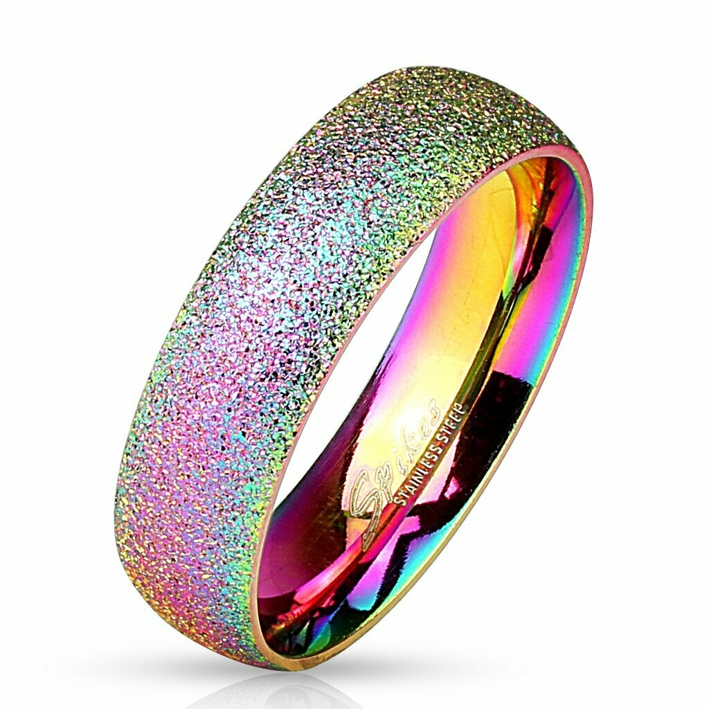 diamantierter (Pulverbeschichtet) Regenbogen Edelstahlring, Innen hochpoliert