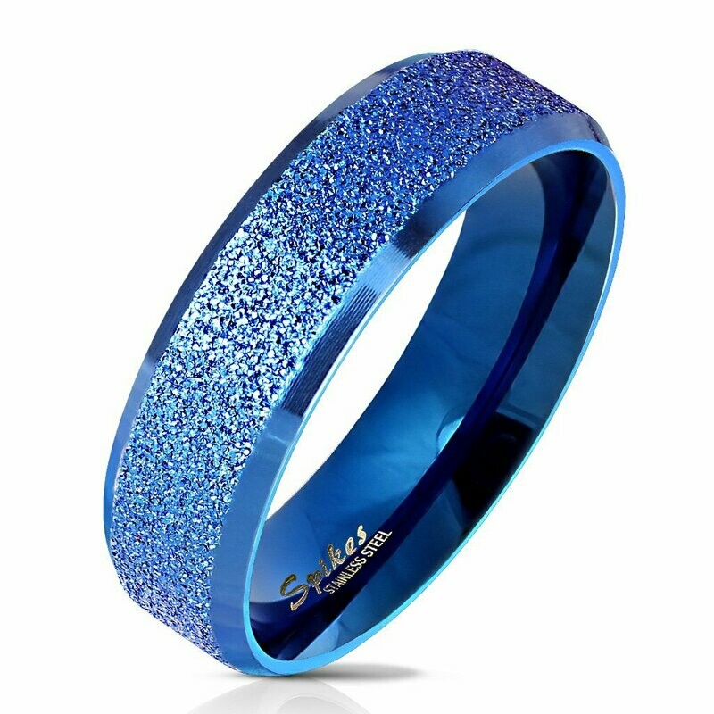 diamantierter (Pulverbeschichtet) blauer Edelstahlring mit abgeflachten polierten Kanten, 6mm breit