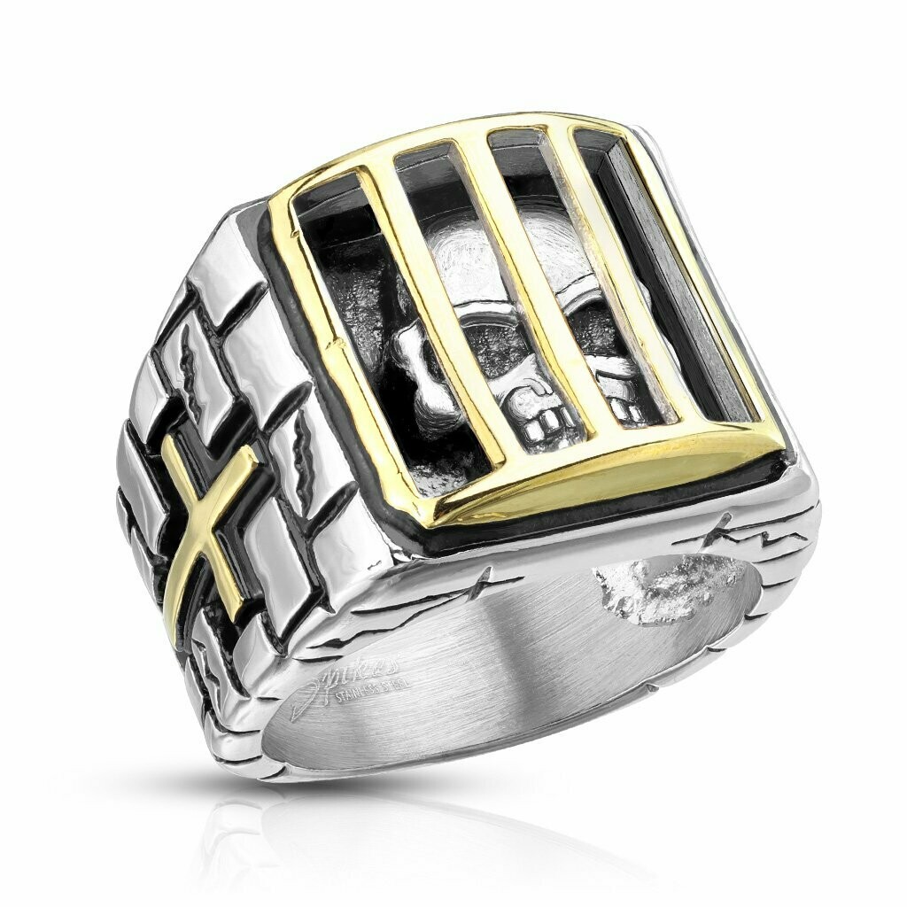 Totenkopf hinter Gitter mit Kreuz an der Seite, Edelstahl Gussring, 2 farbig Gold IP