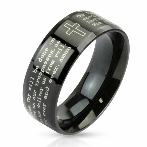 schwarzer Lasergravur-Ring mit englischem Vater Unser gebet, 316 L Edelstahl, 8mm breit