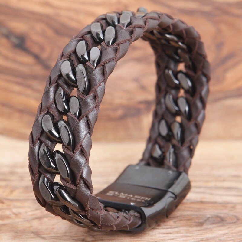 dunkelbraunes Lederarmband mit schwarzer Edelstahlkette und schwarzem Sicherheitsverschluss