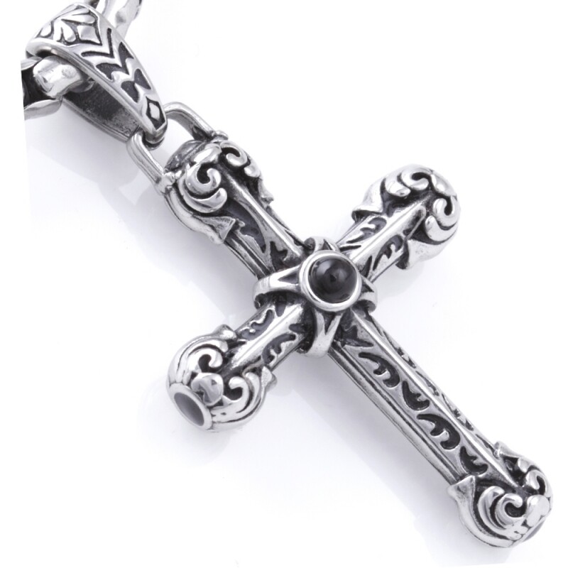 keltisches Kreuz mit schwarzem Stein, Edelstahlanhänger massiv