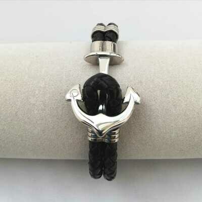 Anker-Armband, Edelstahl und Leder, schwarz / silber, länge ca. 21cm