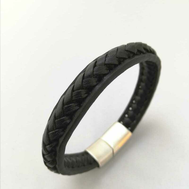 geflochtenes Echt Lederarmband mit Edelstahl-Sicherheitsverschluss, schwarz, 21cm
