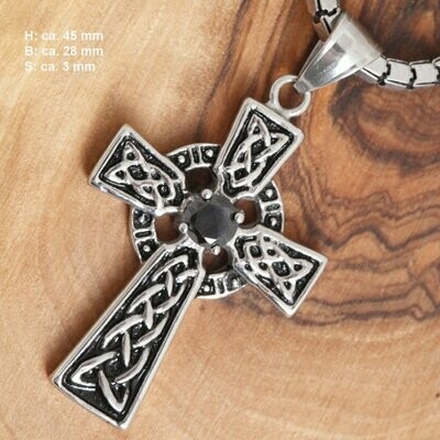 keltisches Zeremonienkreuz mit schwarzem Stein, Edelstahl Anhänger
