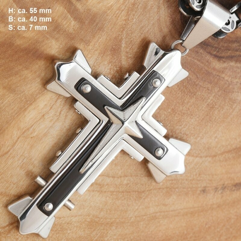 Kreuz Anhänger, schwarz / silber, Edelstahl hochpoliert