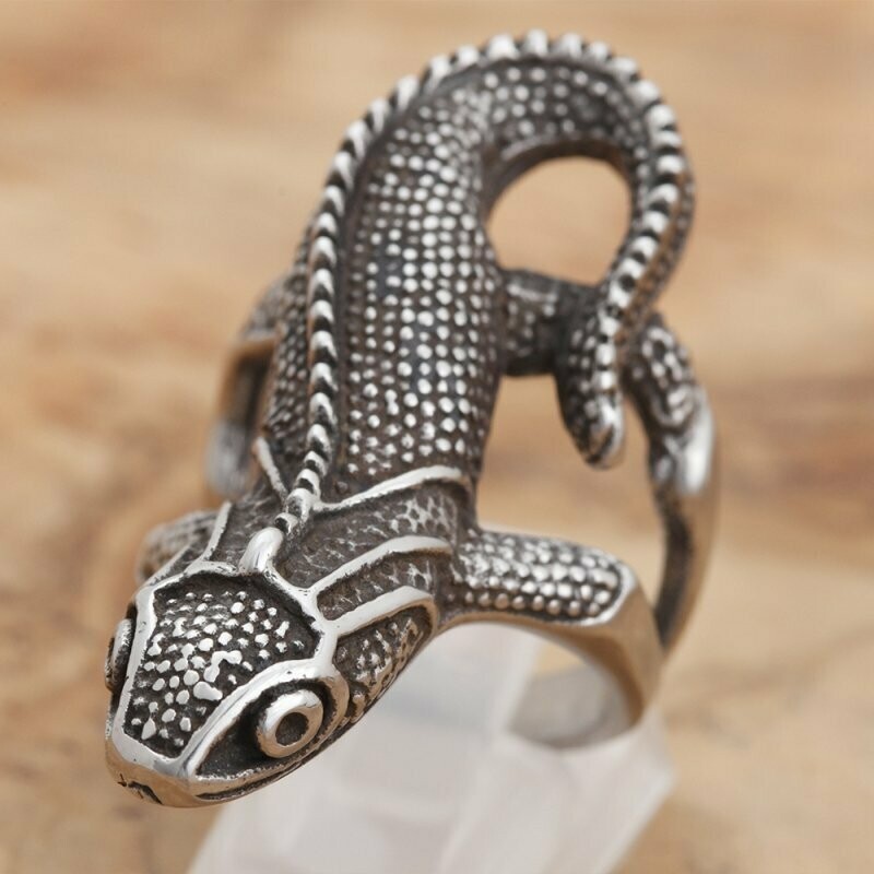 Gecko grosser Eidechsenring, extravagant, aussen oxidiert, Innen hochglanzpoliert, Edelstahl Gussring