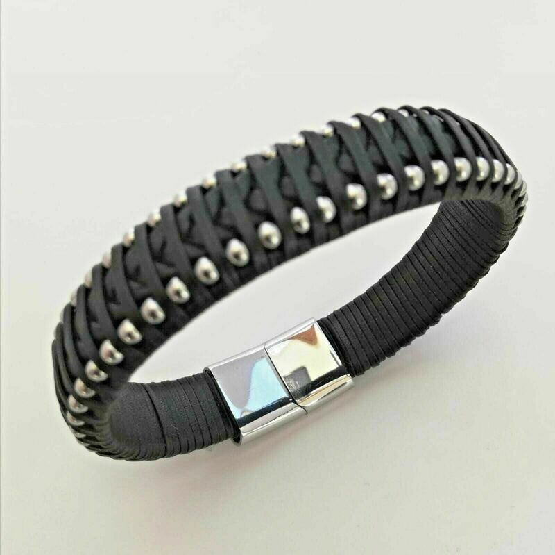 geflochtenes Designer Echt Lederarmband mit Edelstahl-Sicherheitsverschluss, schwarz, 21cm