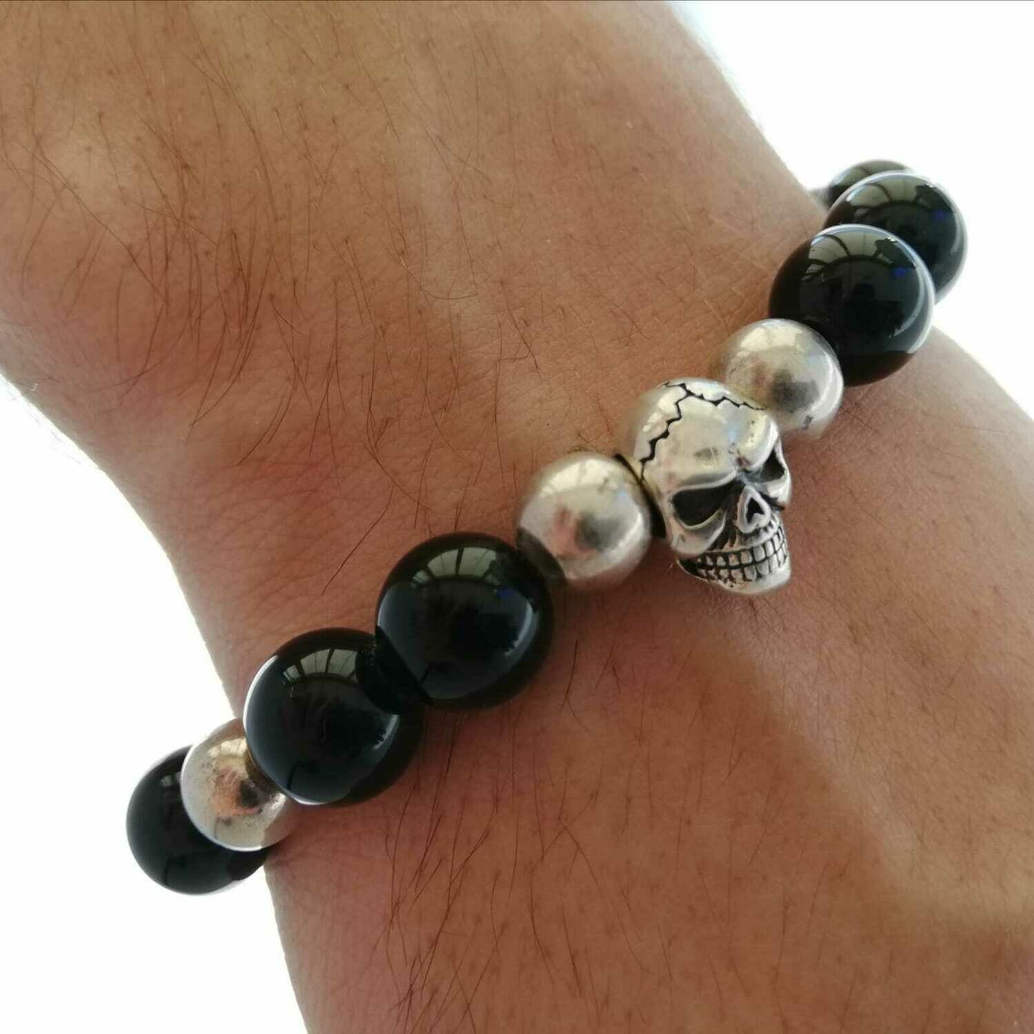 schwarzes Obsidian (Echt Stein) Armband mit 925 Sterling Silber Totenkopf, elastisches Armband