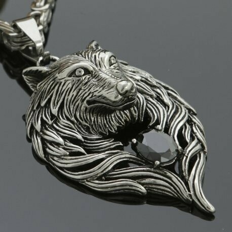 Wolfskopf  Anhänger, mit schwarzem Stein, wunderschöner massiver Edelstahlanhänger