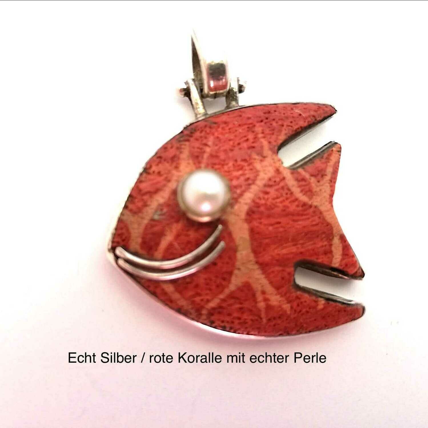 Fisch aus Roter Koralle, Echt Perle als Auge, 925 Sterling Silber