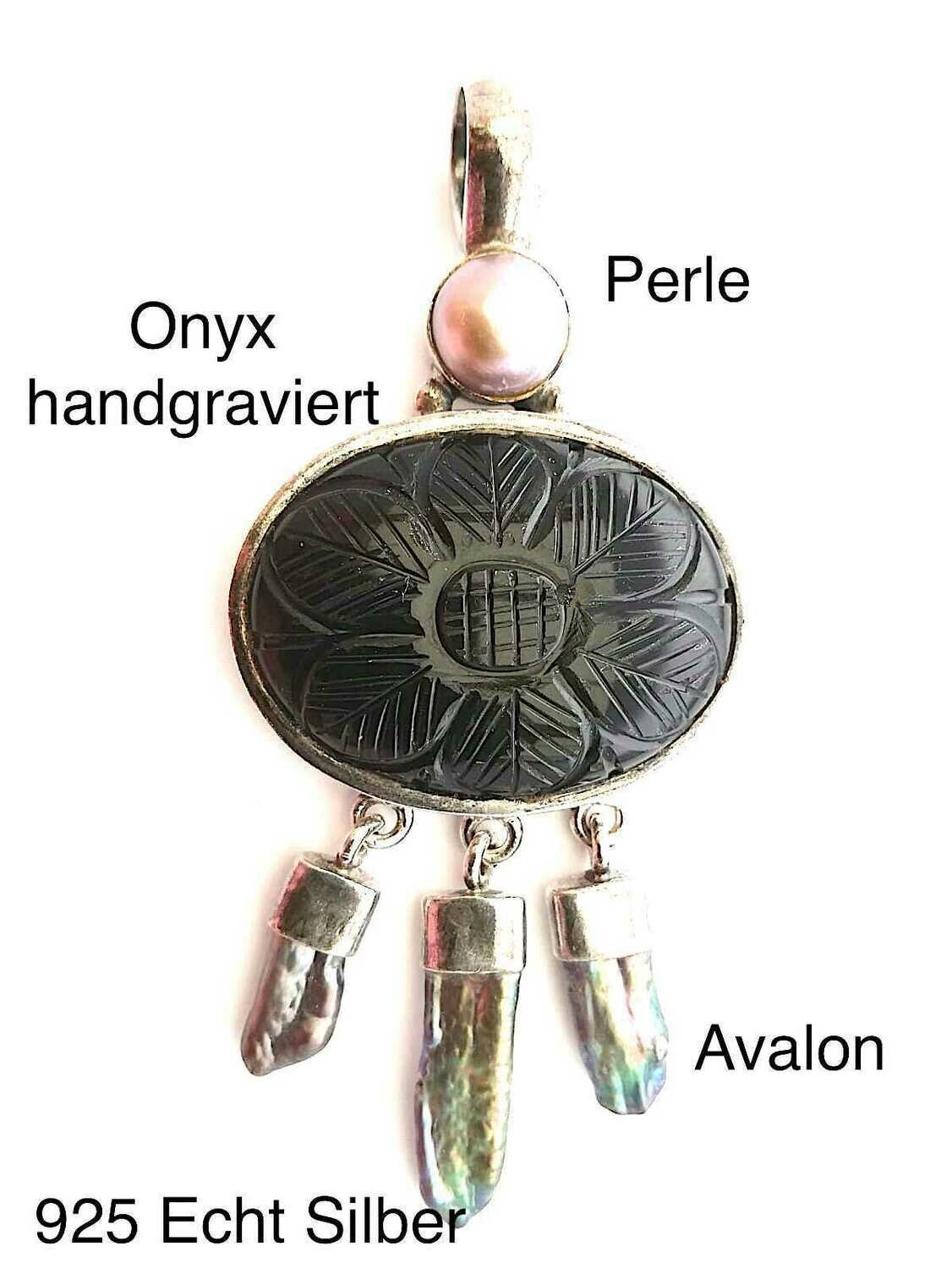Echt Stein Anhänger, Onyx. Natur Perle, Avalon, 925 Sterling Silber