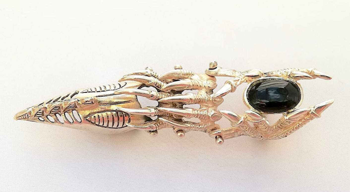 Alien Claw massiver Ganzfingerring, 925 Sterling Silber, massiv, mit schwarzem Onyx Stein