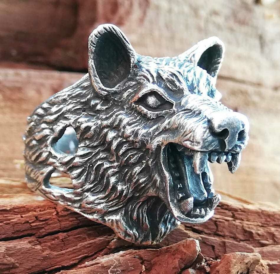 Wolfskopf, wie Lebensecht, Echt Silber (925 )