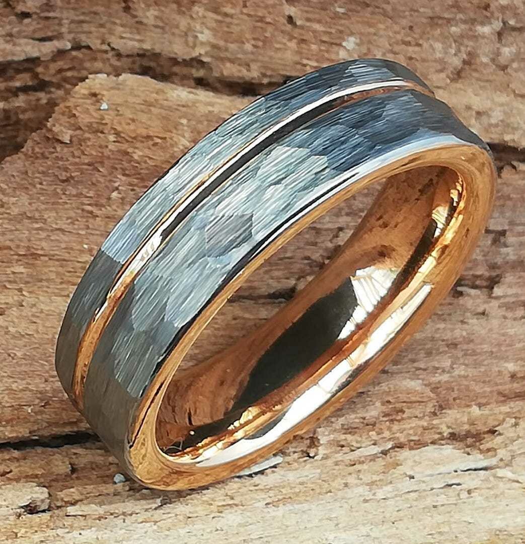 Tungsten, Wolfram-Carbid Ring, matt gehämmert, Rosegold hochpoliert